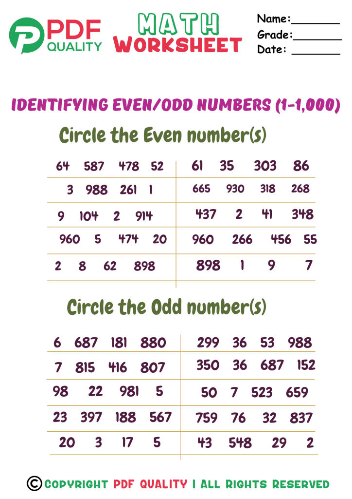 odd even worksheet (1-1000)